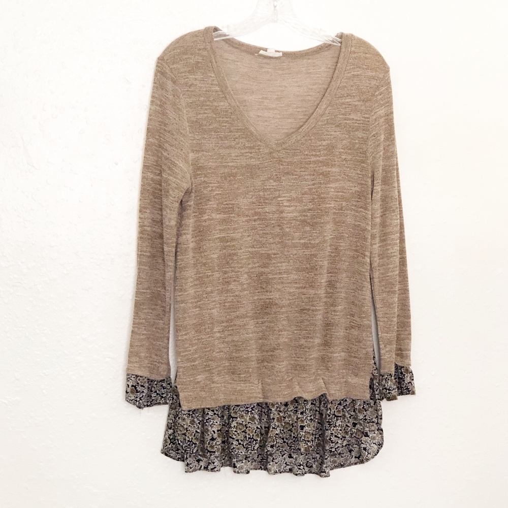 Oddy Floral Trim Layered Tan Knit Sweater M